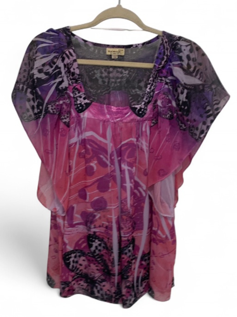 Y2K ONE WORLD Pink & Purple Butterfly Graphics Flutter Sleeve Blouse